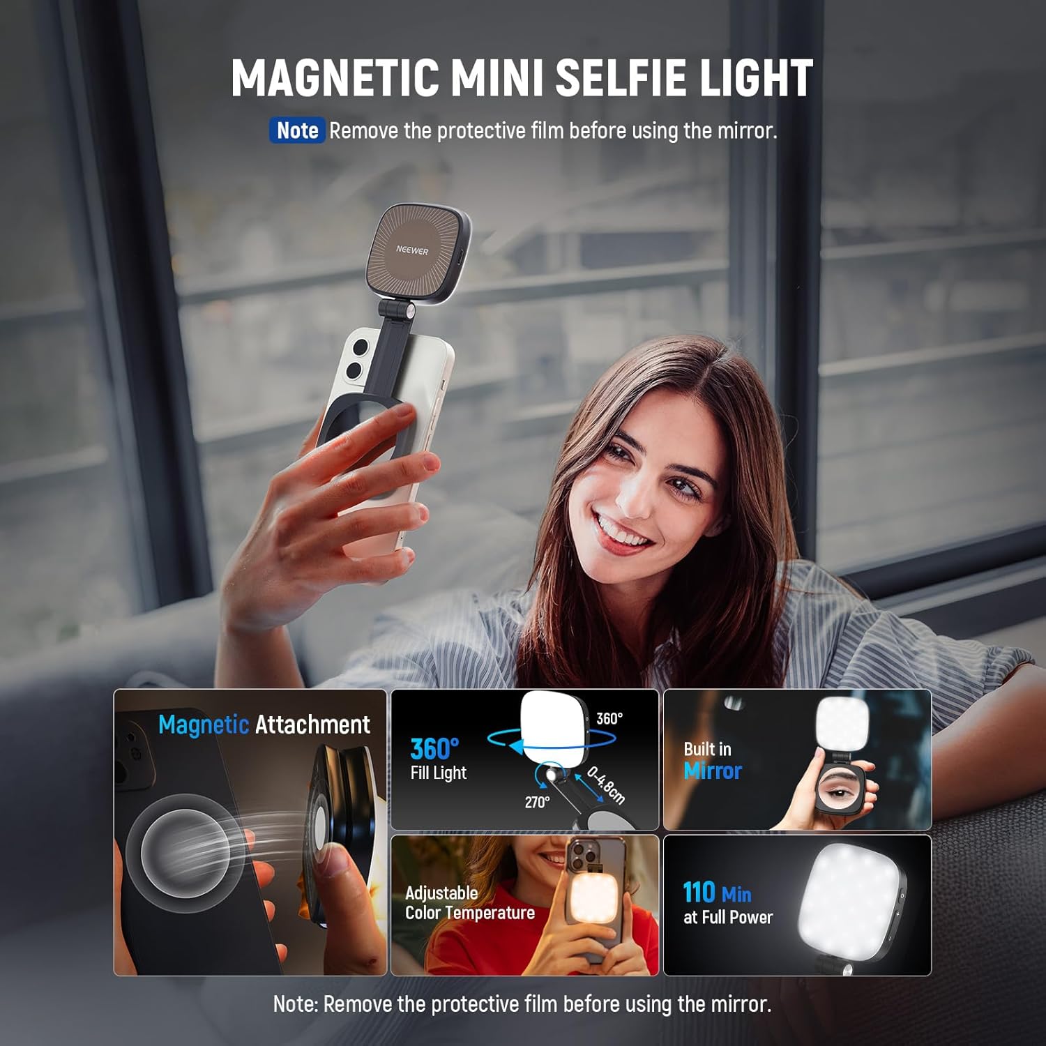 Magnetic LED Selfie Ring Light with Mirror for Phones