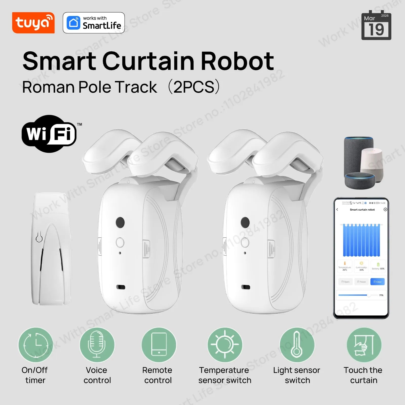 Smart WiFi Curtain Robot For Rod Tracks – App & Voice Control