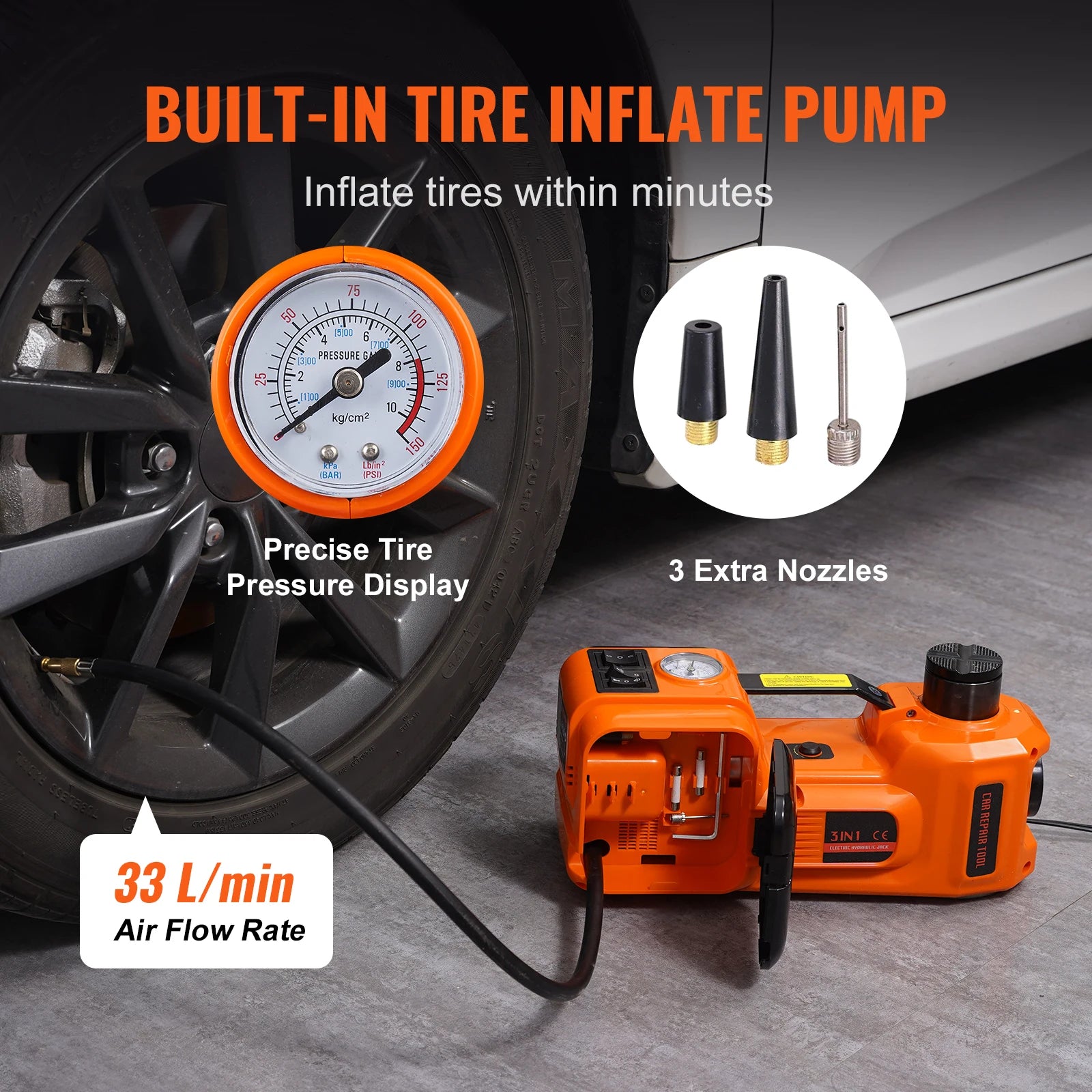 5-Ton Electric Hydraulic Car Jack – Built-In Tire Inflator