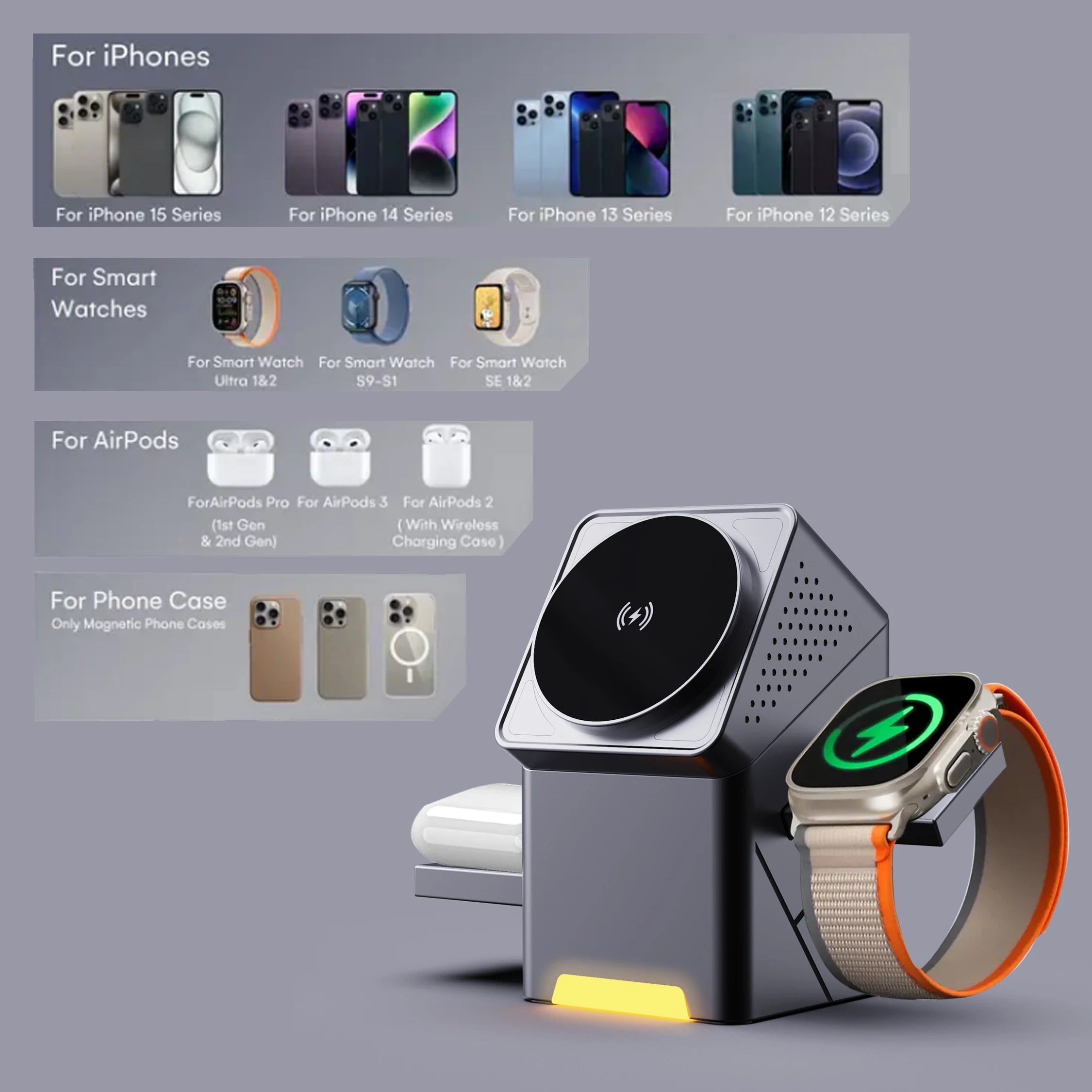 3-in-1 Magnetic Wireless Charging Stand for Apple