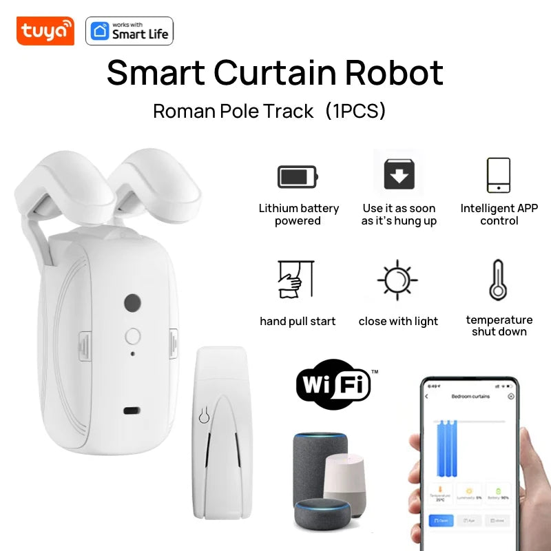 Smart WiFi Curtain Robot For Rod Tracks – App & Voice Control